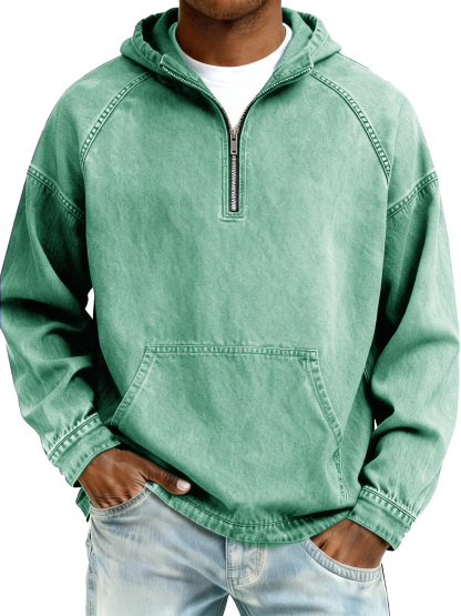 Men's Retro Fashion Distressed Raglan Sleeve Pocket Hooded Sweatshirt