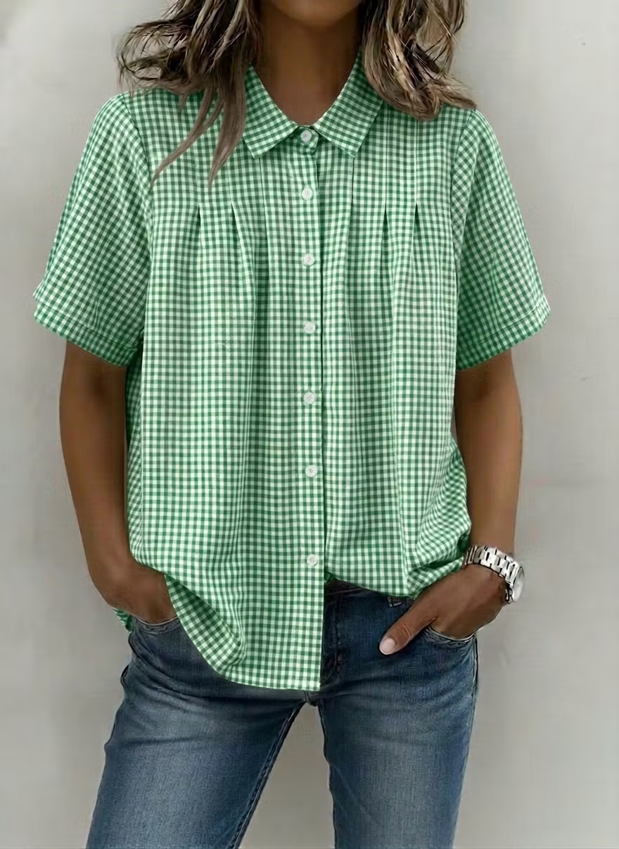Women's Casual Gingham Checkered Shirt - Relaxed Fit Plaid Blouse