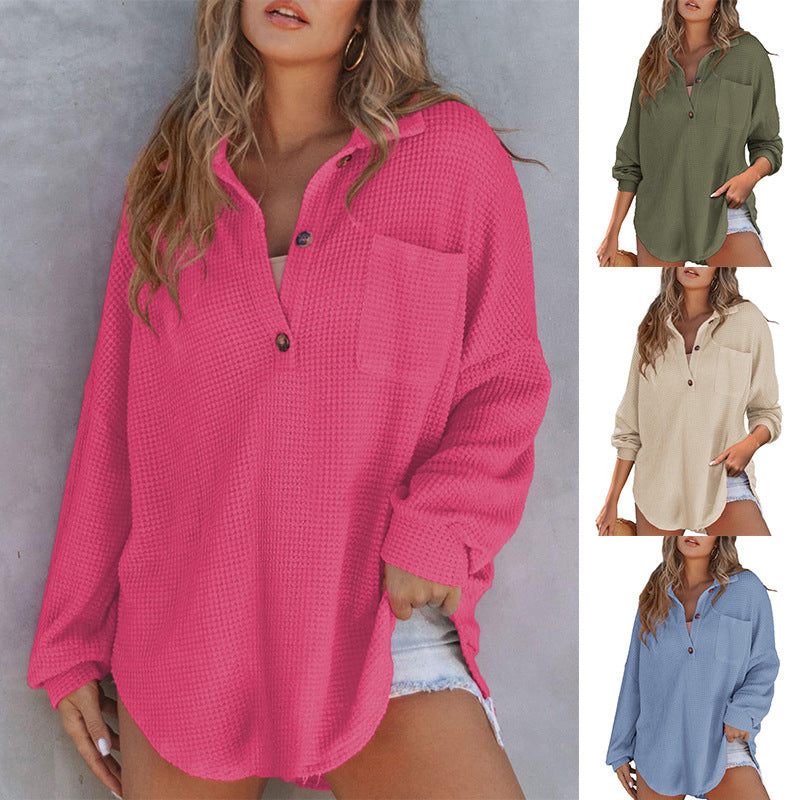 🔥Women’s Loose Solid Color Waffle Knit Shirt