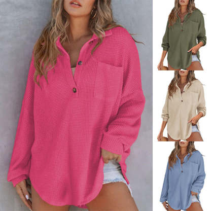 🔥Women’s Loose Solid Color Waffle Knit Shirt