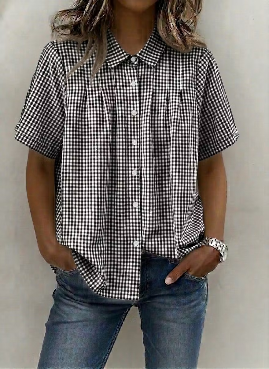 Women's Casual Gingham Checkered Shirt - Relaxed Fit Plaid Blouse