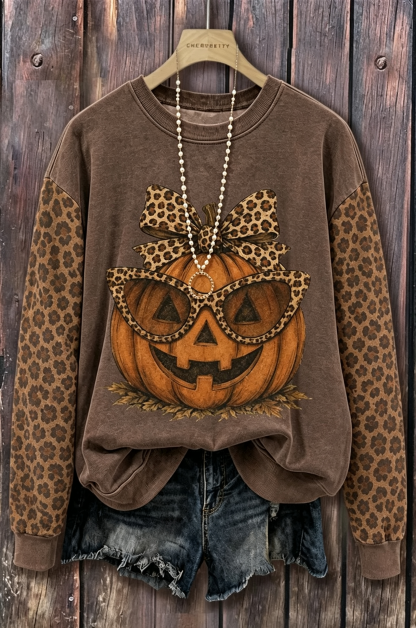 Vintage Halloween Leopard Pumpkin Print Sweatshirt