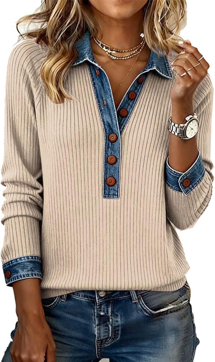 Women Denim Patchwork Lapel V‑Neck Waffle Knit Top