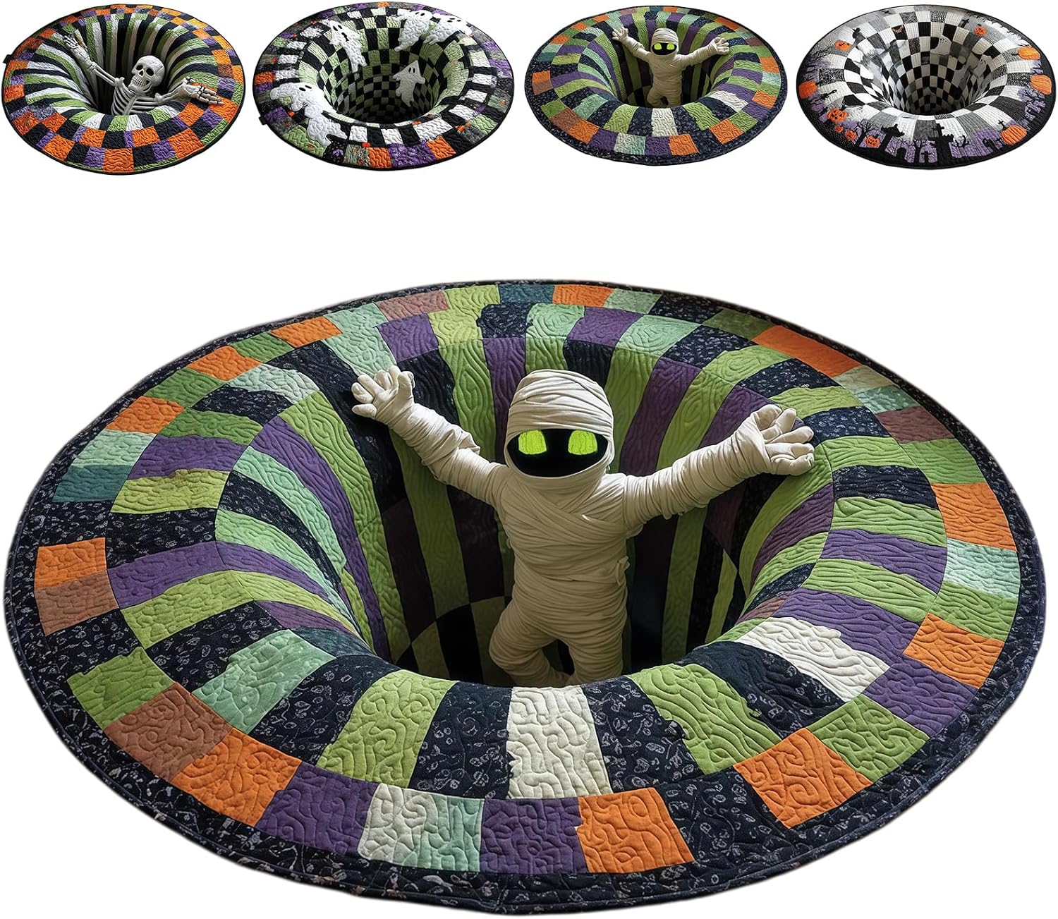 3D Halloween Vortex Optical Illusion Rug, Spooky Round Illusion Carpet`