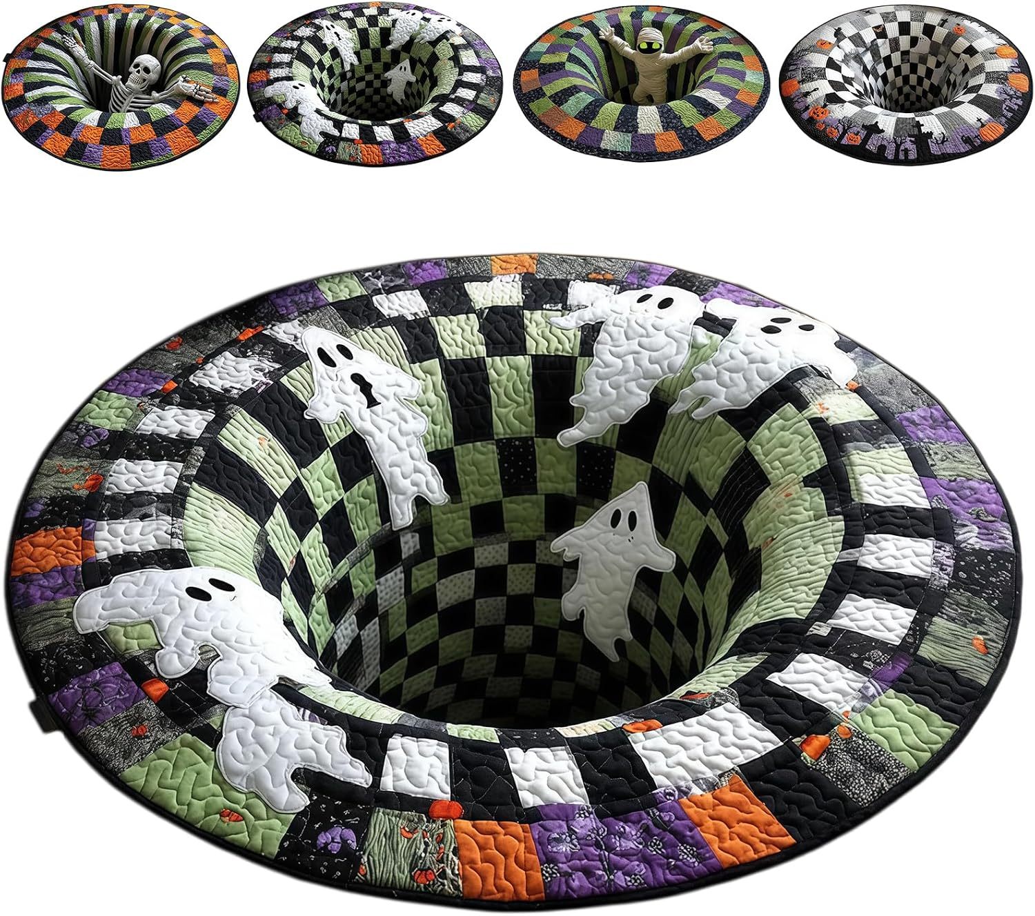 3D Halloween Vortex Optical Illusion Rug, Spooky Round Illusion Carpet`