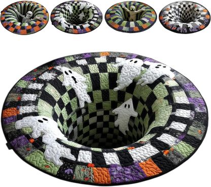 3D Halloween Vortex Optical Illusion Rug, Spooky Round Illusion Carpet`