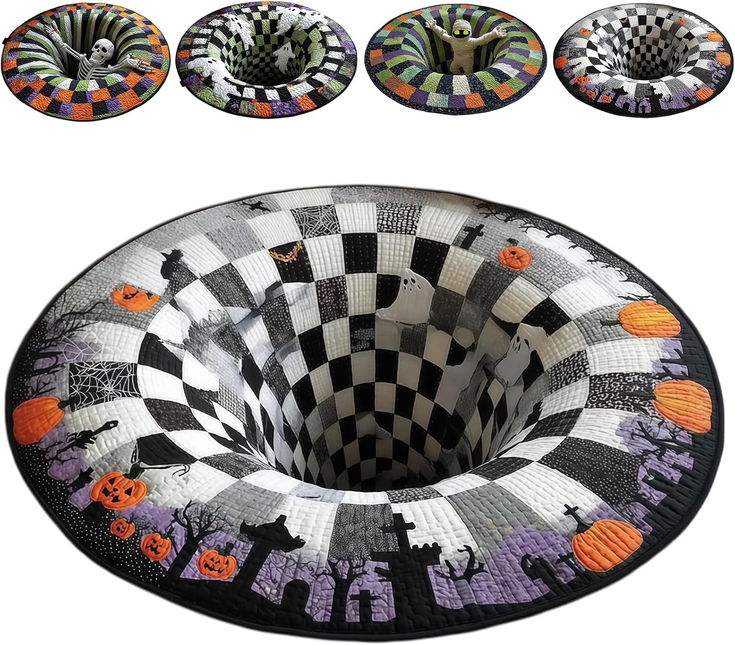 3D Halloween Vortex Optical Illusion Rug, Spooky Round Illusion Carpet`