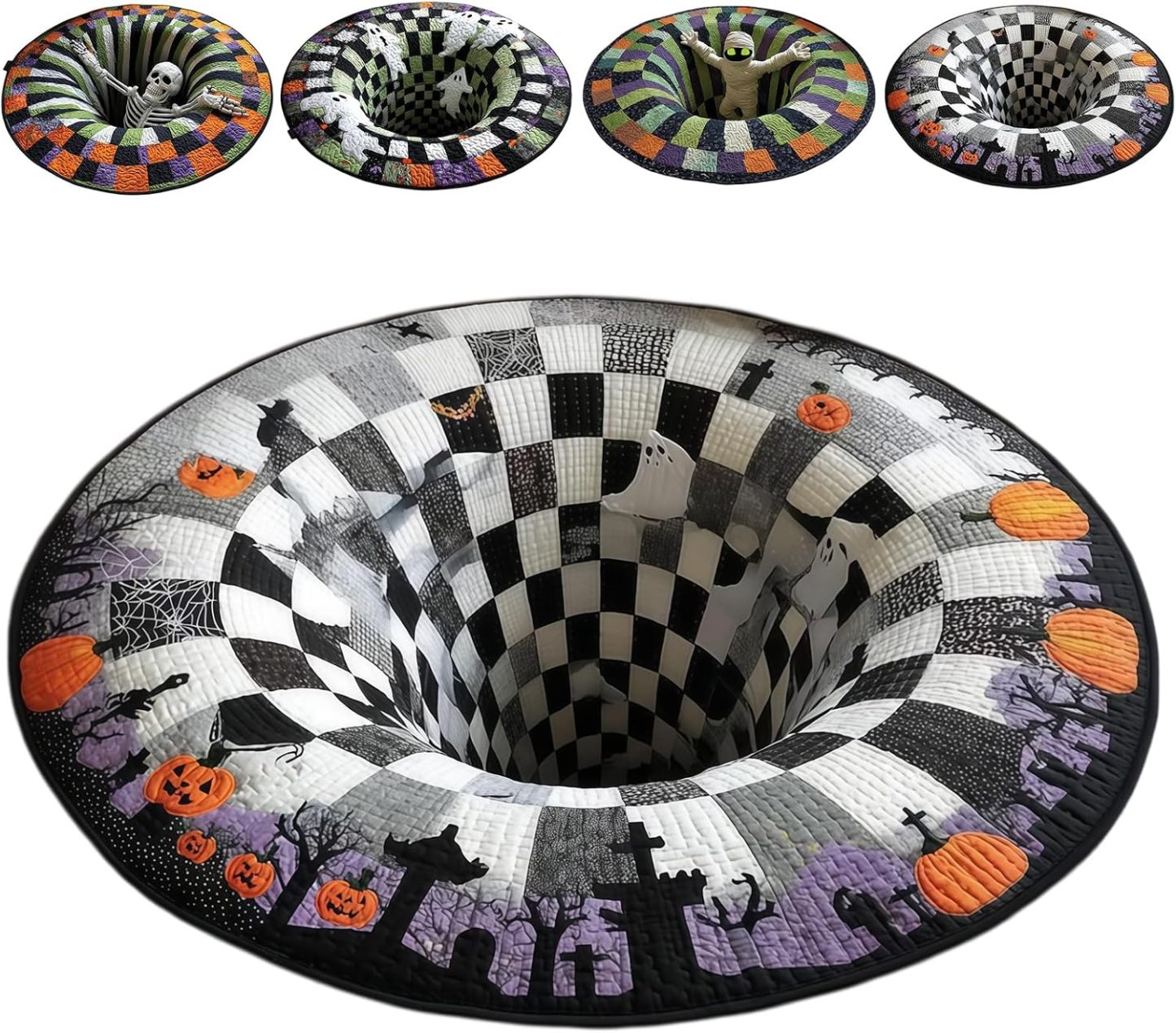 3D Halloween Vortex Optical Illusion Rug, Spooky Round Illusion Carpet`