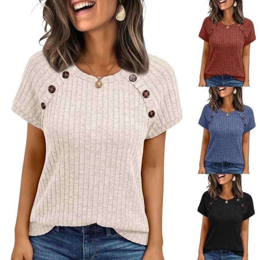 Women's Fashion Summer New Style Women's Ribbed Round-Neck Buttoned Patchwork Short-Sleeve Top