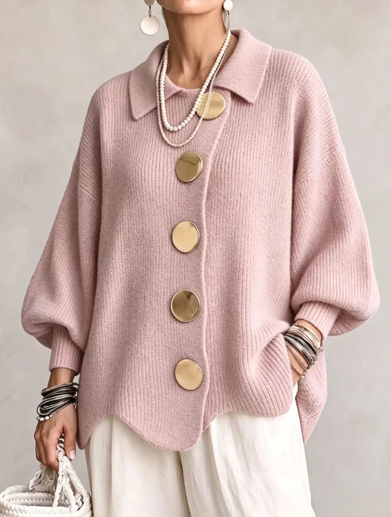Oversized Collared Knit Cardigan With Large Metal Buttons