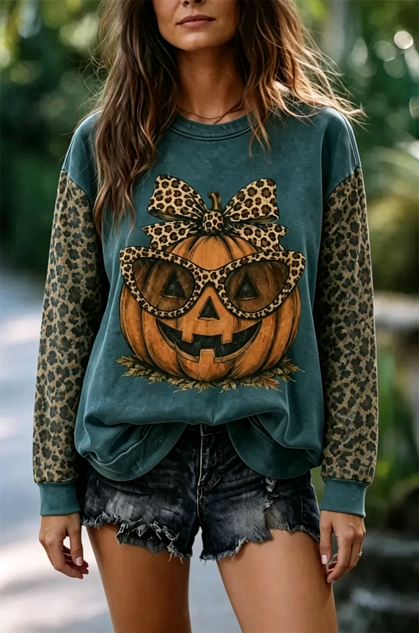 Vintage Halloween Leopard Pumpkin Print Sweatshirt