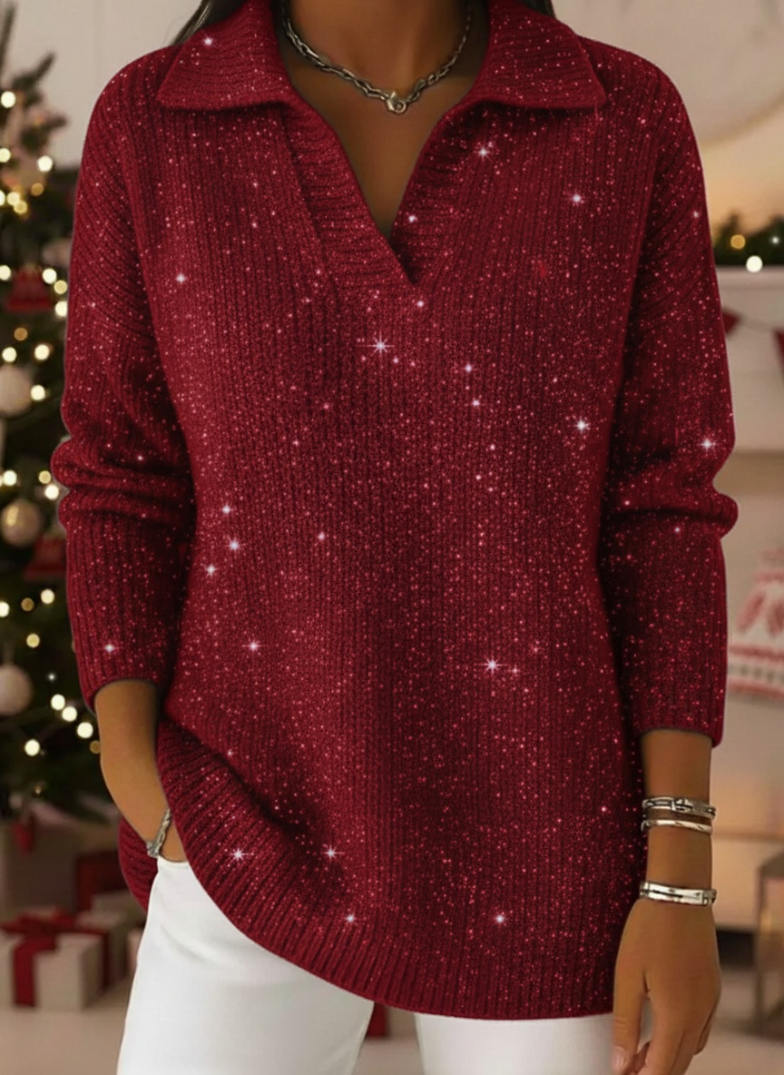 🎄 Clearance Sale🔥Christmas Party Polo Collar Shiny Loose Sweater Top