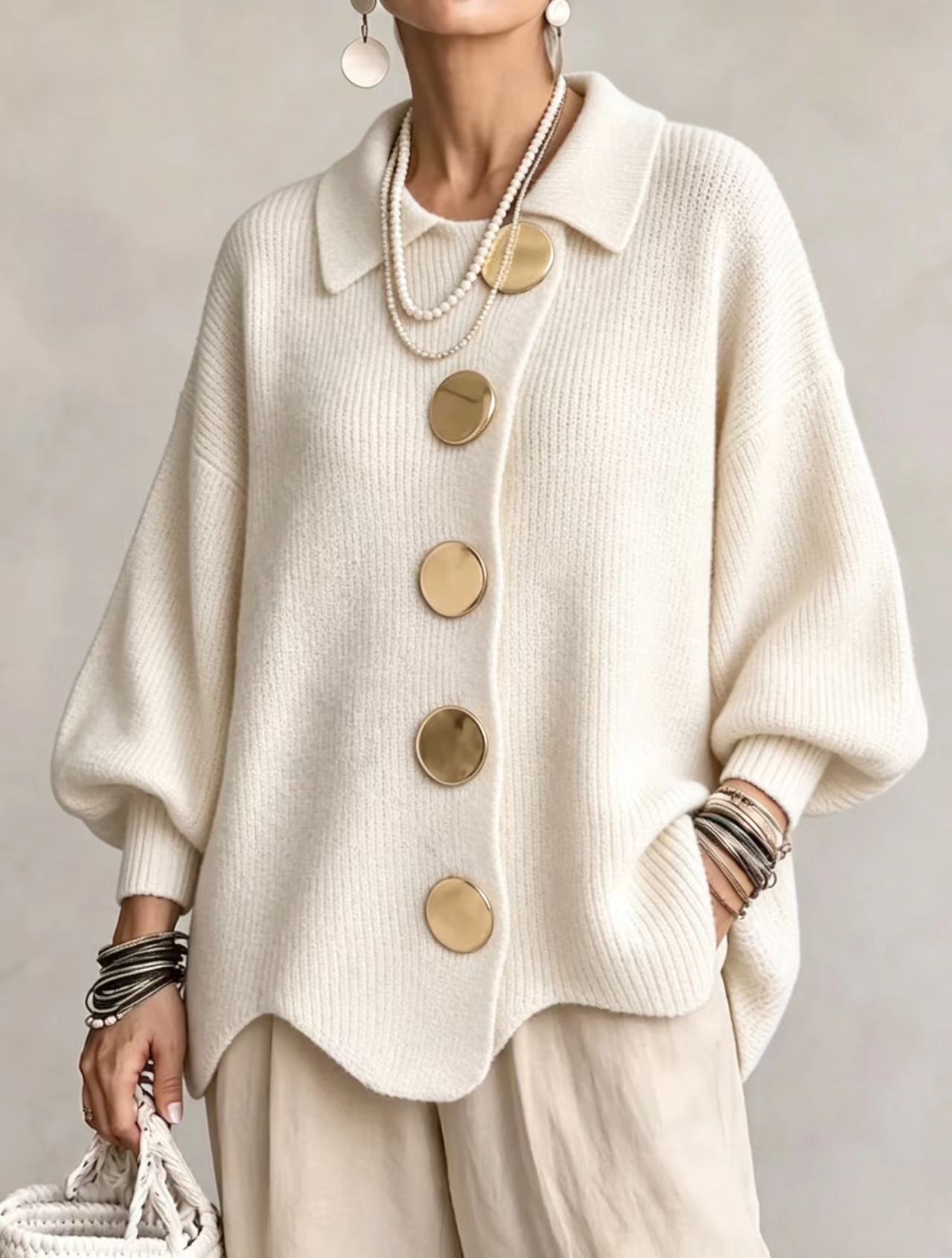 Oversized Collared Knit Cardigan With Large Metal Buttons