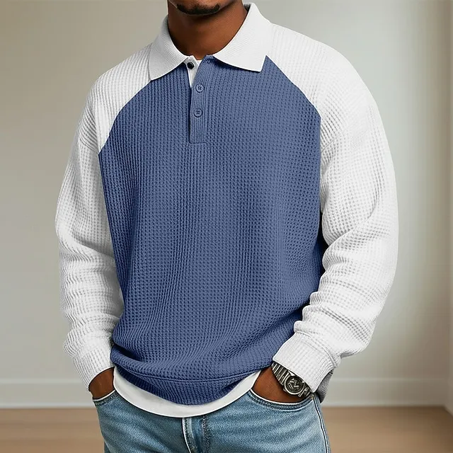 Men's Waffle Polo Shirts Outdoor Causal Lapel Long Sleeve Fashion Modern Solid Color Knitted Spring
