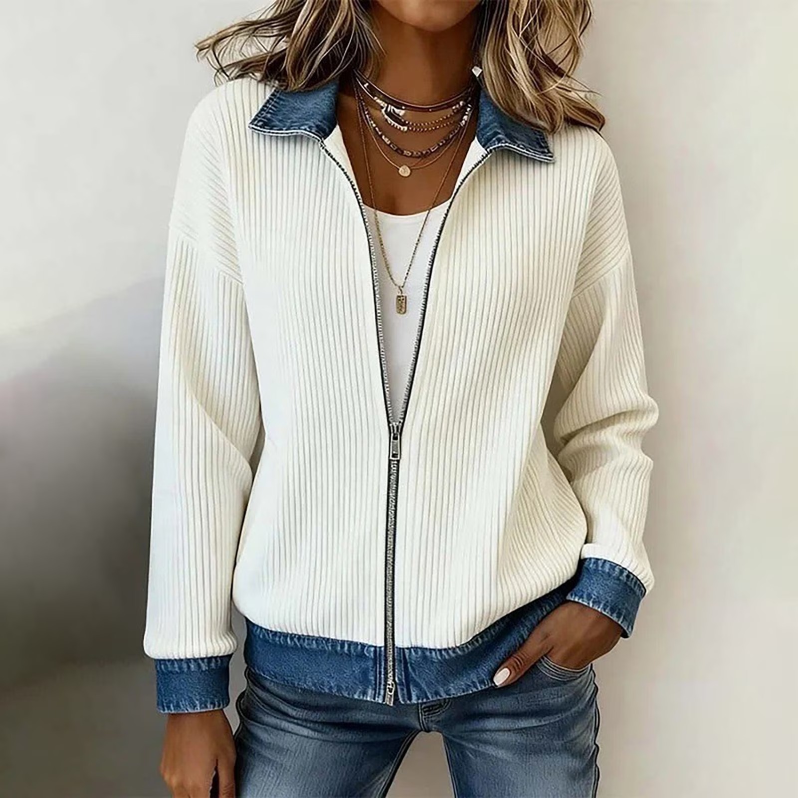 Denim Splice Zip‑Front Ribbed Casual Jacket