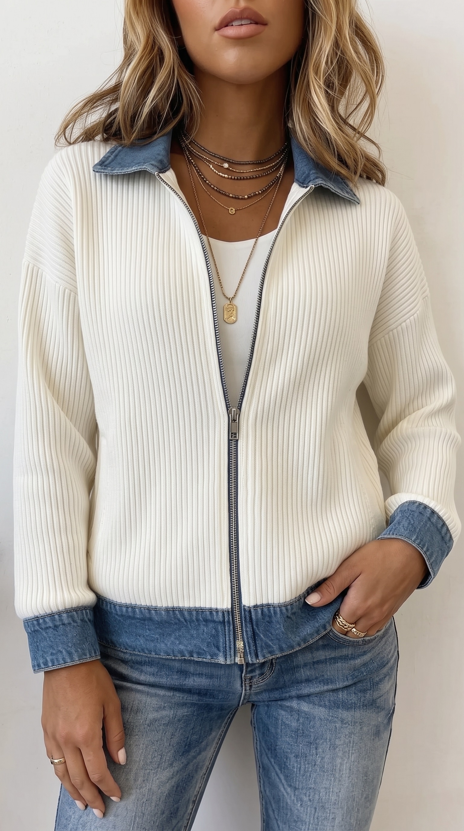Denim Splice Zip‑Front Ribbed Casual Jacket
