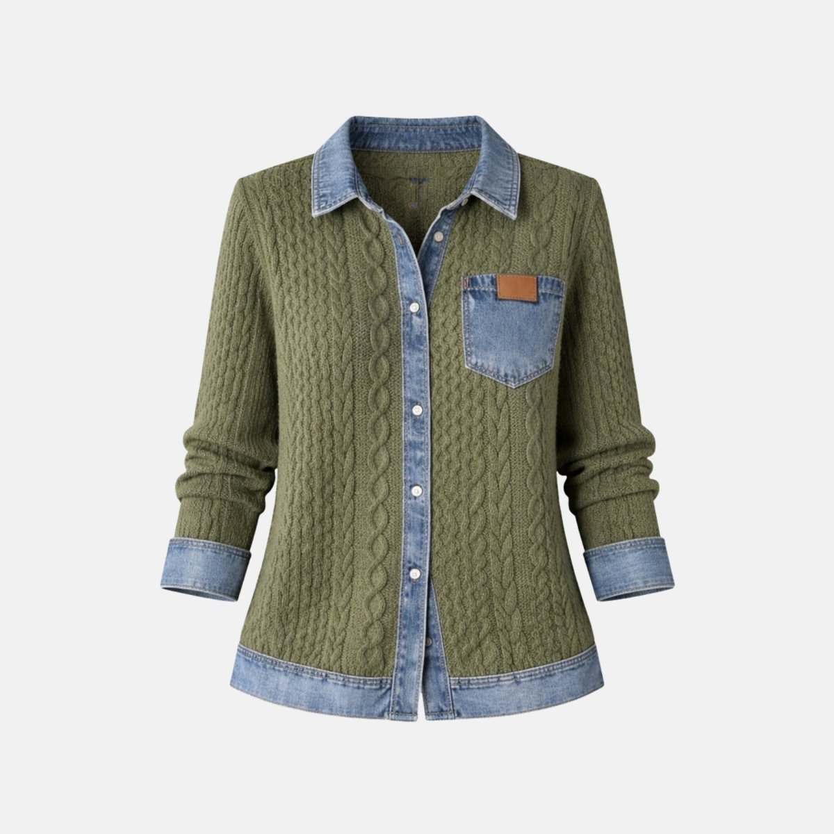 Women Textured Knit Jean Patch Pocket Long Sleeve Oversized Shirt Coat