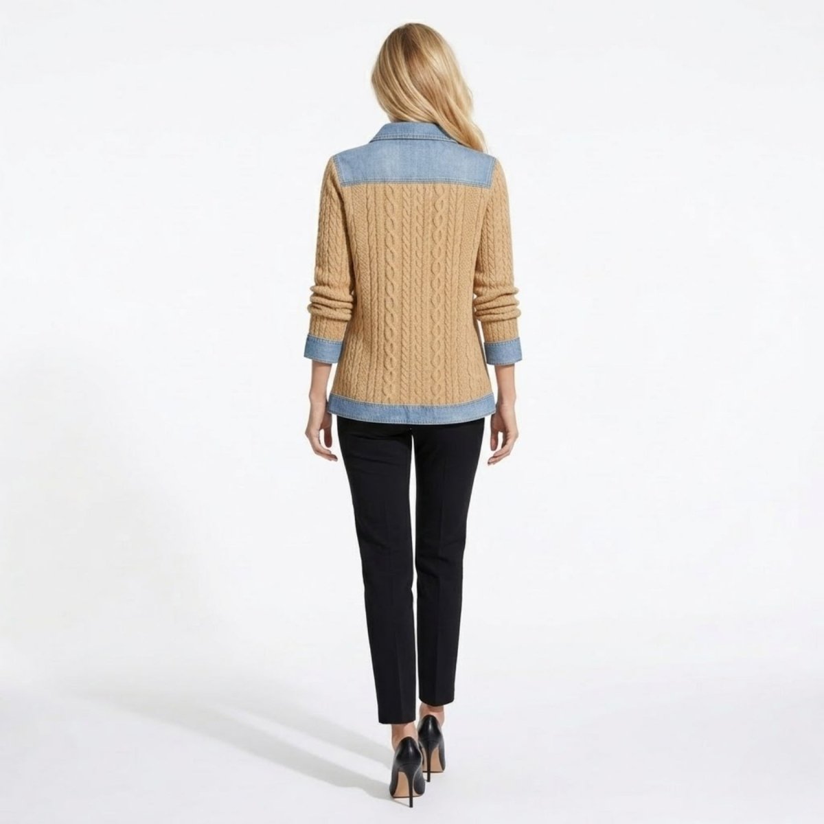 Women Textured Knit Jean Patch Pocket Long Sleeve Oversized Shirt Coat