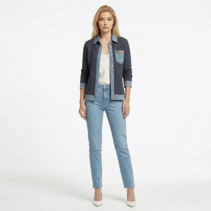 Women Textured Knit Jean Patch Pocket Long Sleeve Oversized Shirt Coat