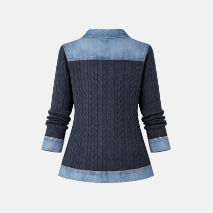 Women Textured Knit Jean Patch Pocket Long Sleeve Oversized Shirt Coat