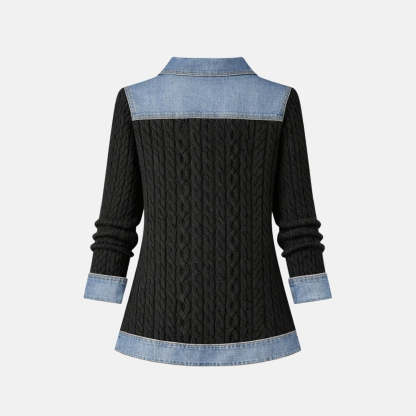Women Textured Knit Jean Patch Pocket Long Sleeve Oversized Shirt Coat