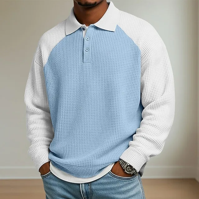 Men's Waffle Polo Shirts Outdoor Causal Lapel Long Sleeve Fashion Modern Solid Color Knitted Spring