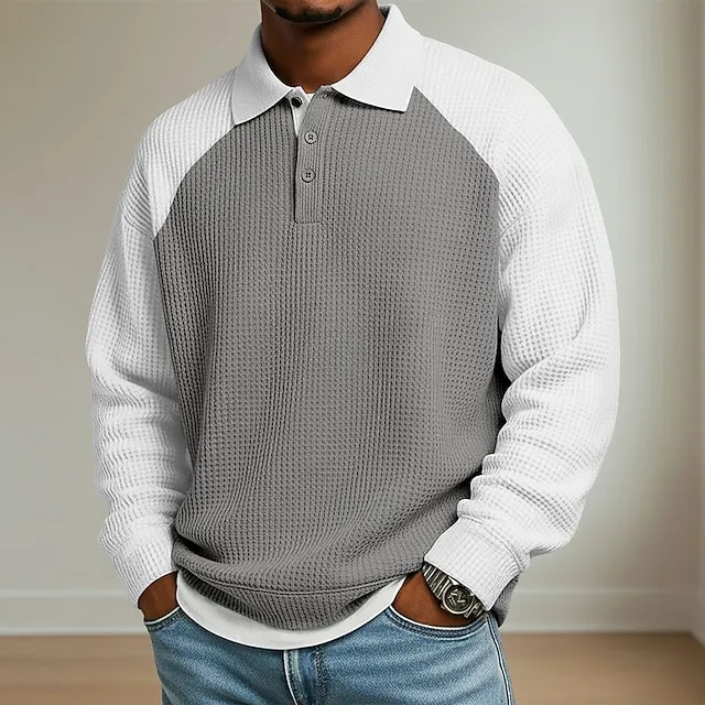 Men's Waffle Polo Shirts Outdoor Causal Lapel Long Sleeve Fashion Modern Solid Color Knitted Spring