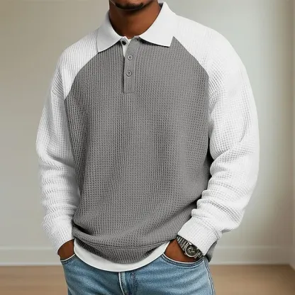 Men's Waffle Polo Shirts Outdoor Causal Lapel Long Sleeve Fashion Modern Solid Color Knitted Spring