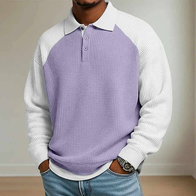Men's Waffle Polo Shirts Outdoor Causal Lapel Long Sleeve Fashion Modern Solid Color Knitted Spring