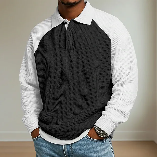 Men's Waffle Polo Shirts Outdoor Causal Lapel Long Sleeve Fashion Modern Solid Color Knitted Spring