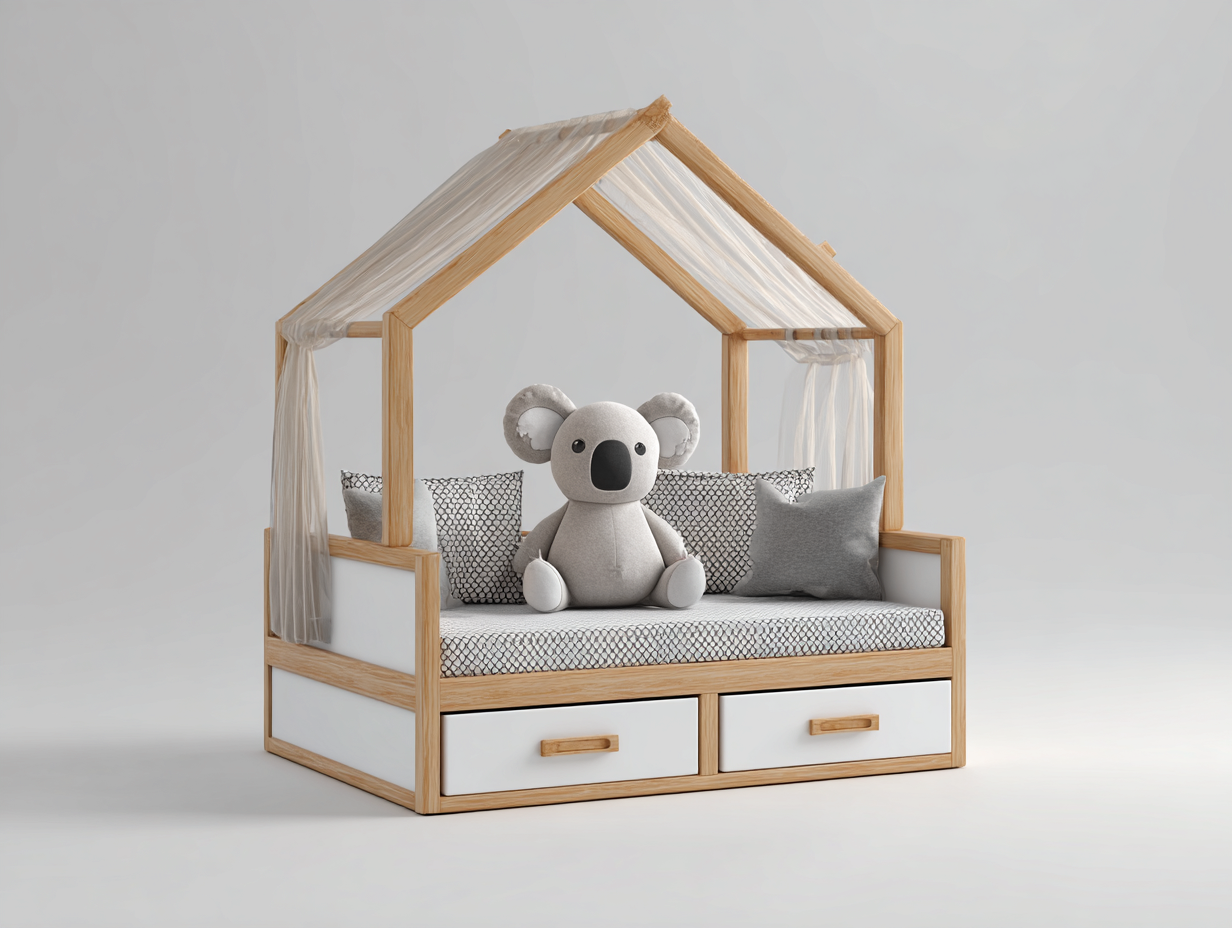 Lit enfant avec structure maison 160x80x150 cm – blanc-naturel-gris – design scandinave – usage intérieur-Styleoliq