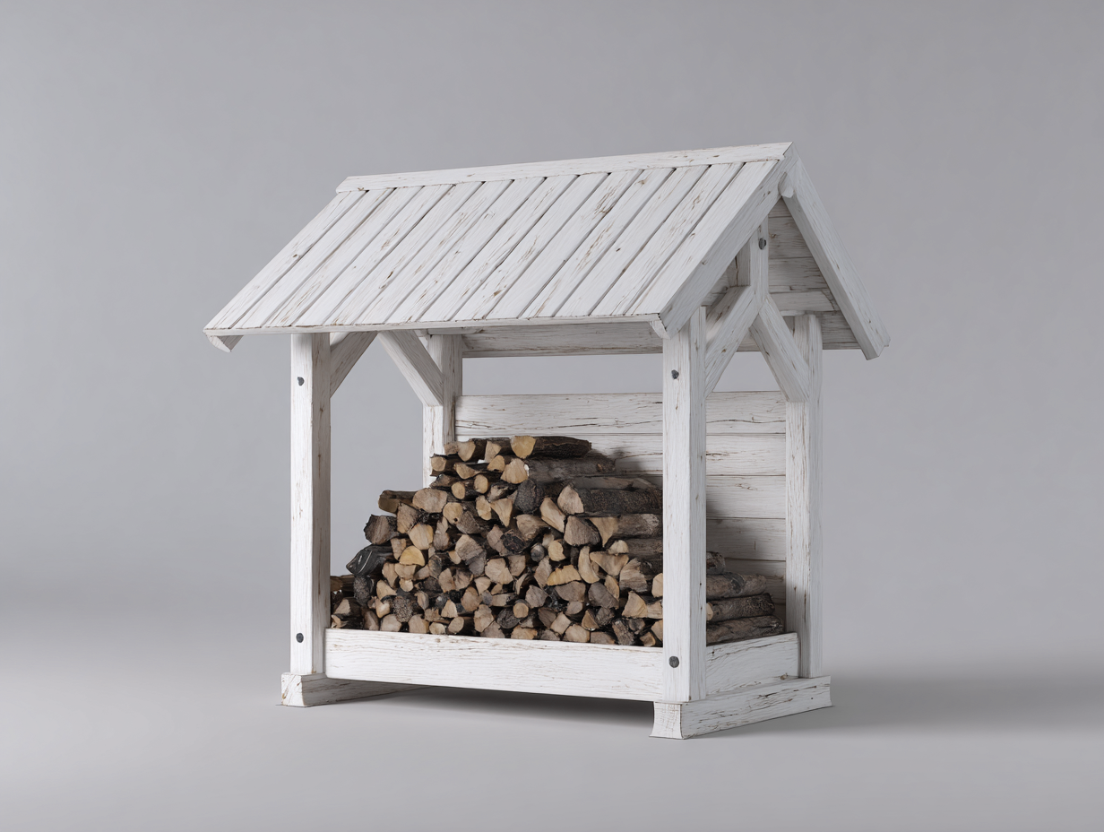 Abri à bois en bois massif 120x60x120 cm – Blanc vieilli – Rangement extérieur – Style rustique-Styleoliq