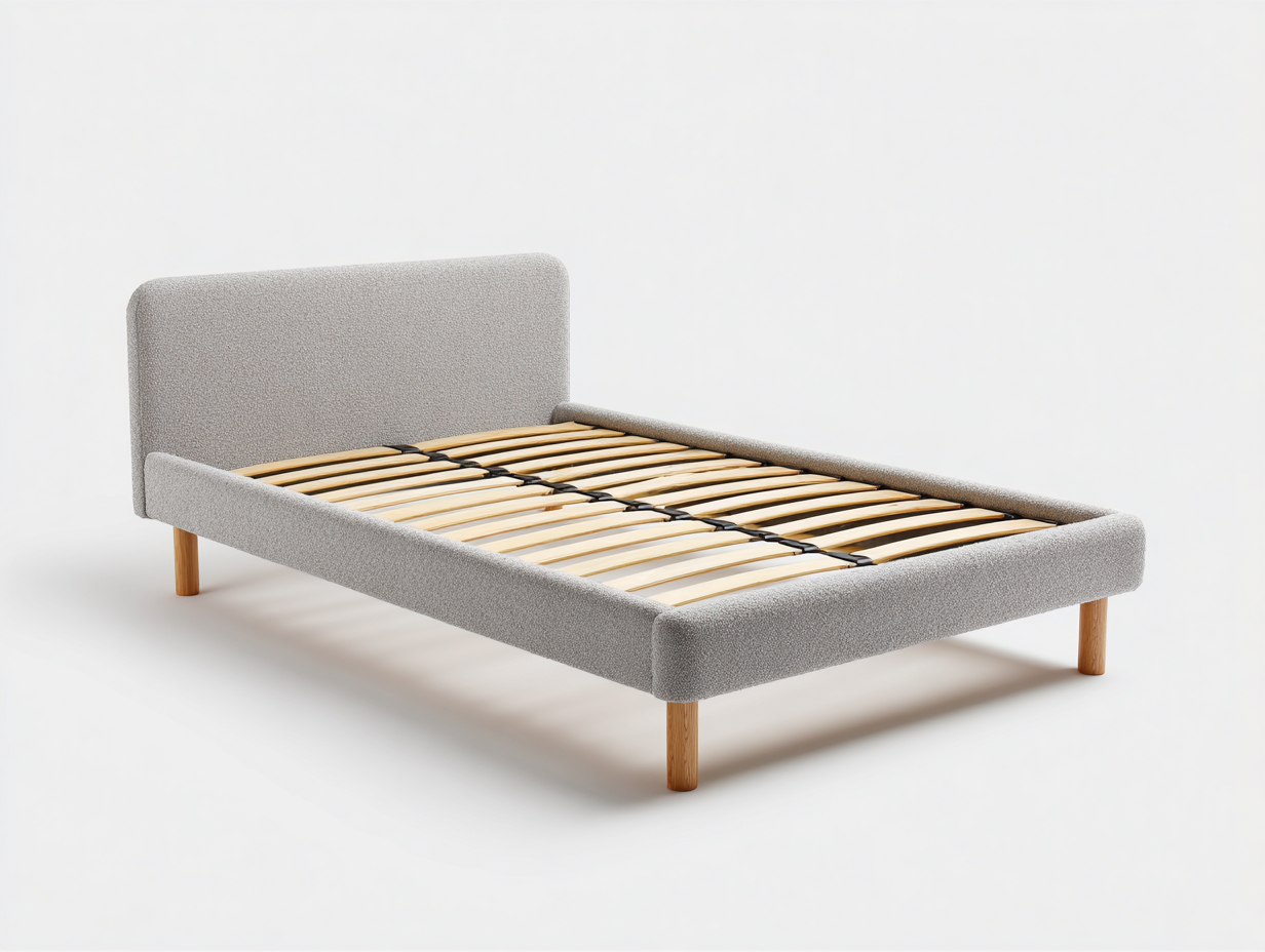 Lit double en tissu avec structure en bois et sommier à lattes 200x160x90 cm – gris clair – pour chambre – style contemporain-Styleoliq