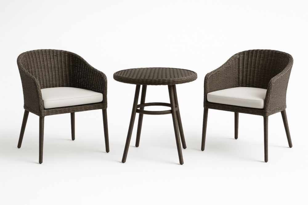 Set da Giardino in Rattan Sintetico Marrone con Tavolo Tondo e Sedie con Cuscini