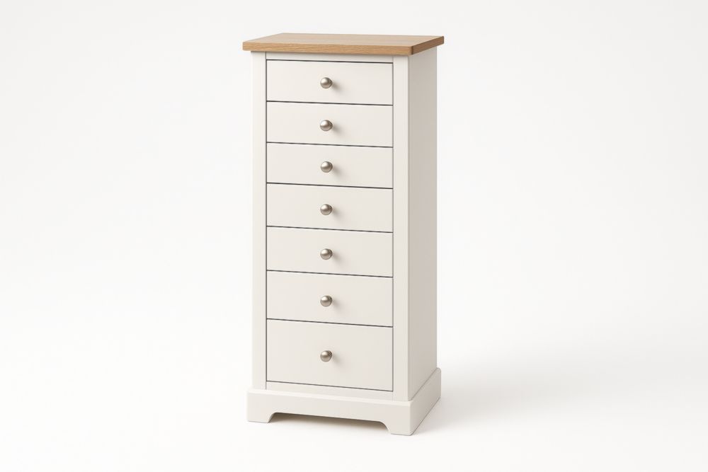 Cassettiera alta con 7 cassetti in legno bianco e quercia