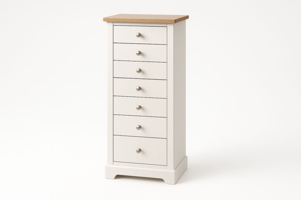 Cassettiera alta con 7 cassetti in legno bianco e quercia