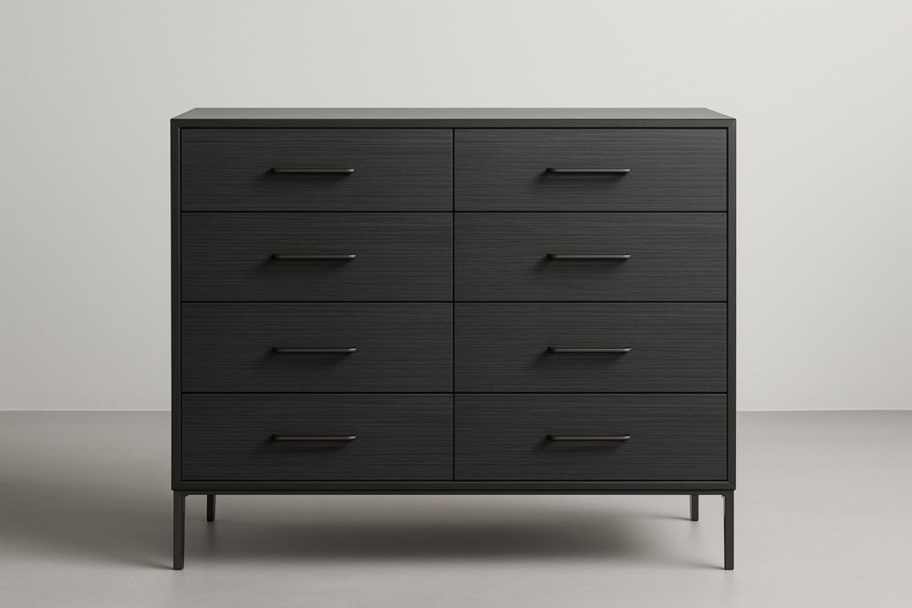 Cassettiera Nera 8 Cassetti MDF e Ferro 120x40x90 cm