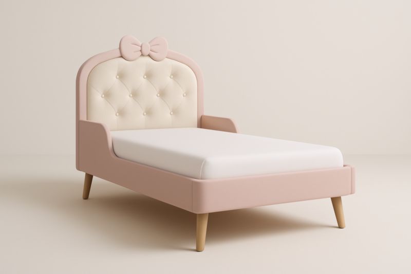 Lit Enfant avec Tête de Lit Noeud en Bois et Tissu Rose