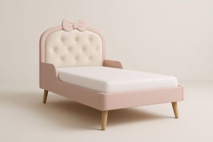 Lit Enfant avec Tête de Lit Noeud en Bois et Tissu Rose