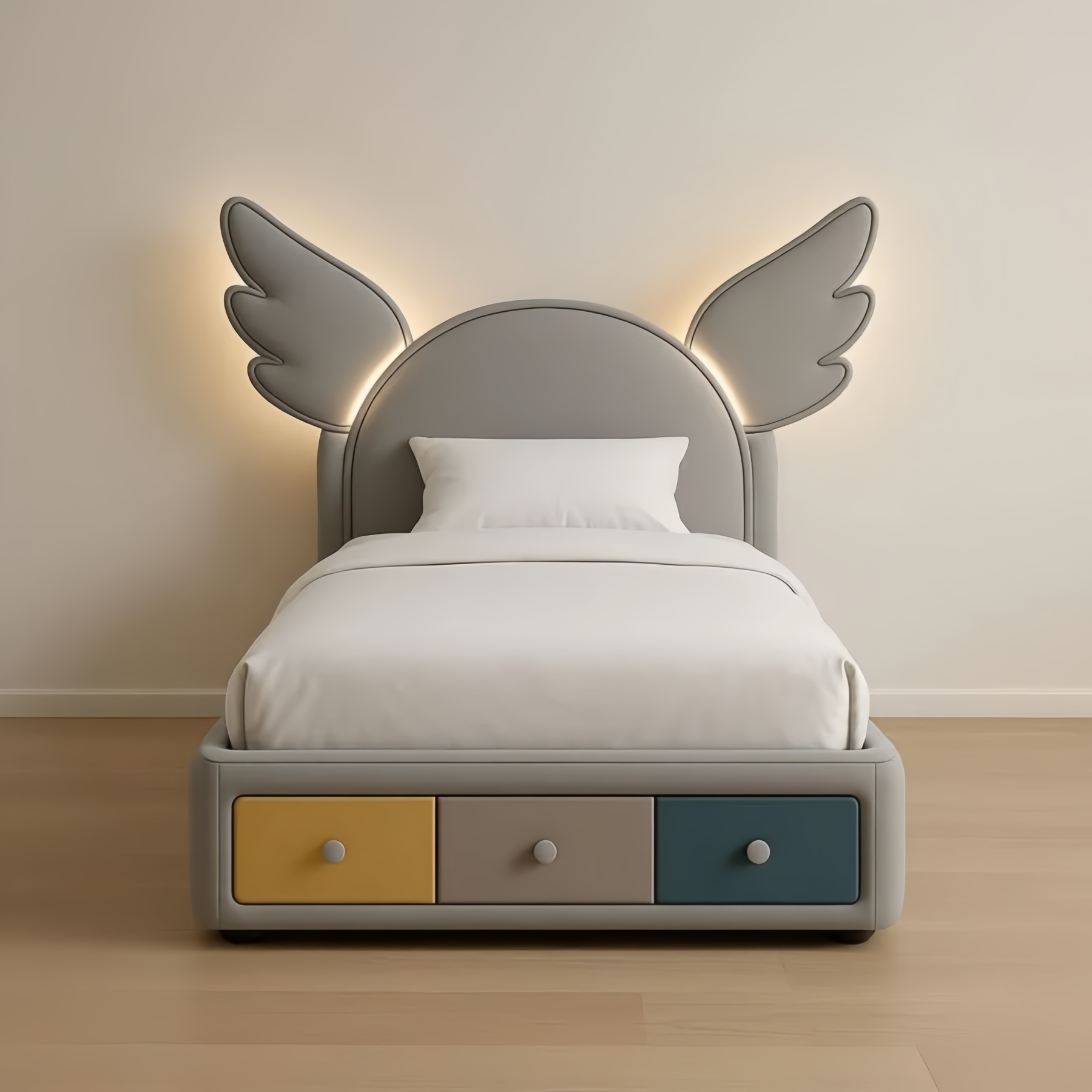 Lit enfant en tissu avec ailes et tiroirs multicolores