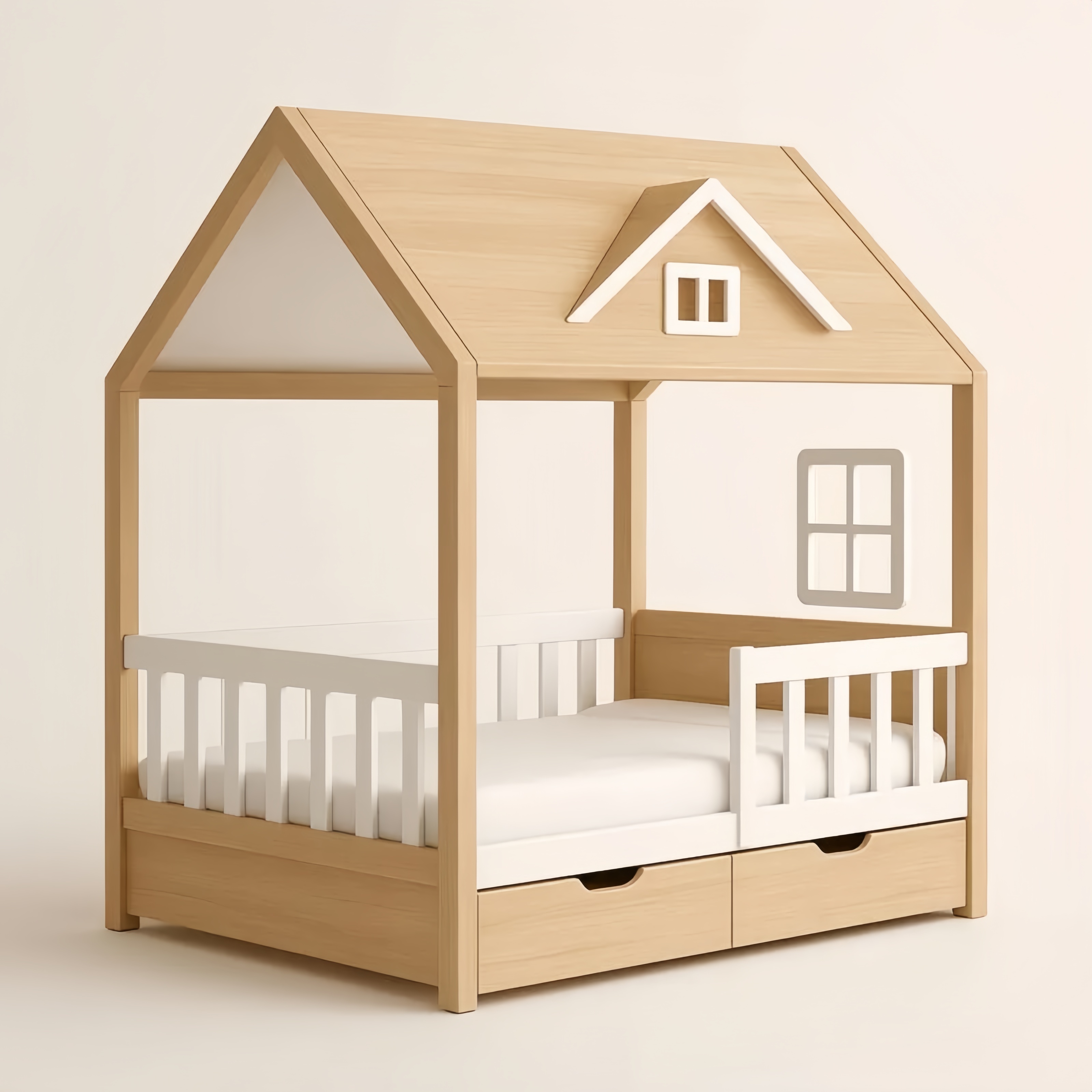 Lit cabane en bois clair et blanc avec tiroirs de rangement 200x90 cm