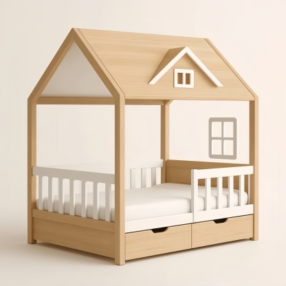 Lit cabane en bois clair et blanc avec tiroirs de rangement 200x90 cm