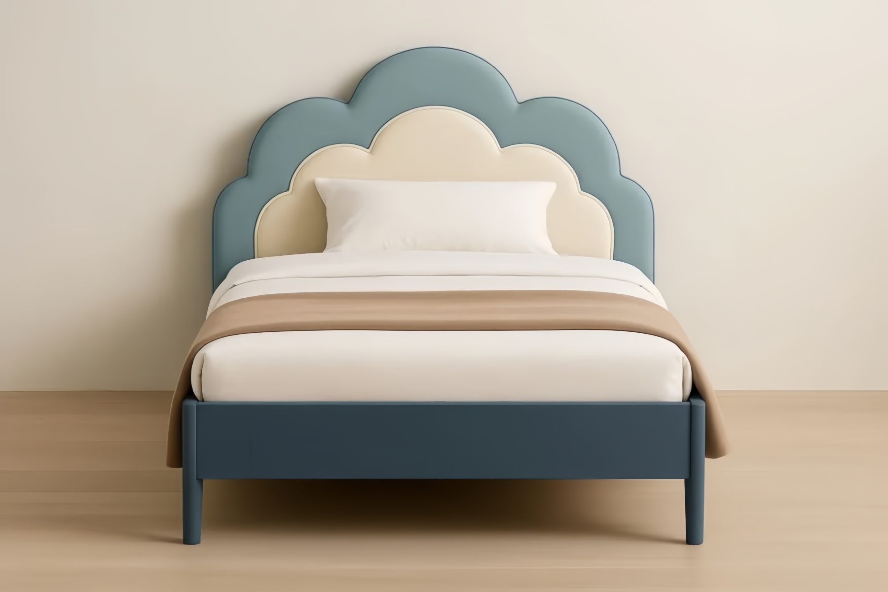 Lit enfant avec tête de lit nuage, bleu et crème, bois, 200x100 cm