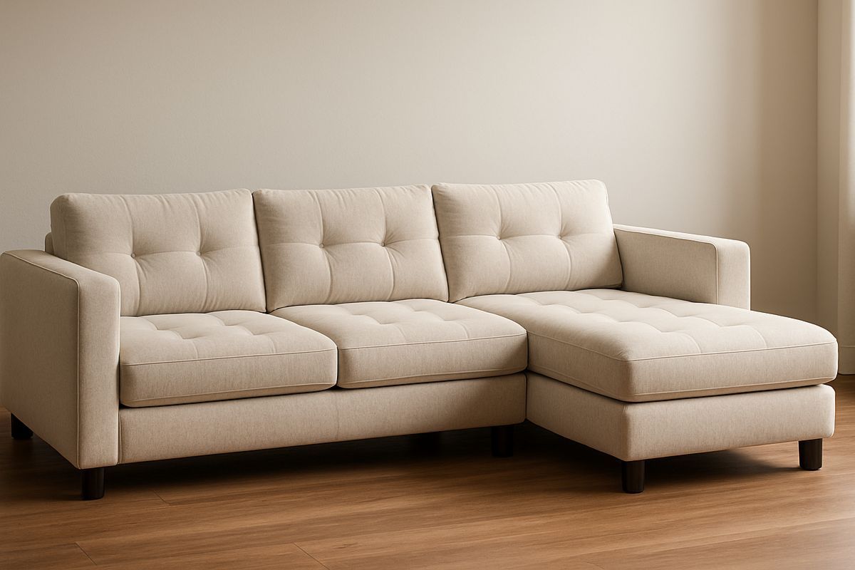 Beige Fabric L-Shaped Sectional Sofa with Wood Legs