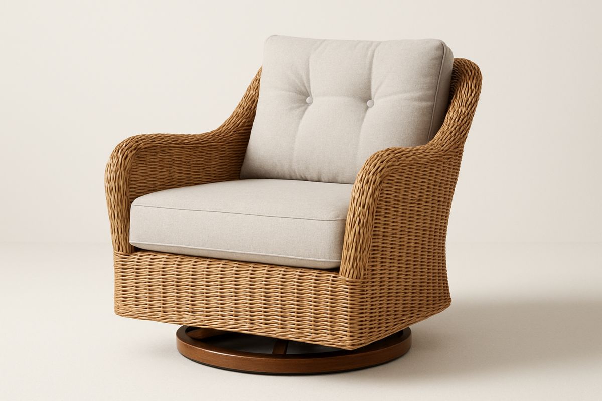 Rattan Swivel Armchair with Beige Cushions