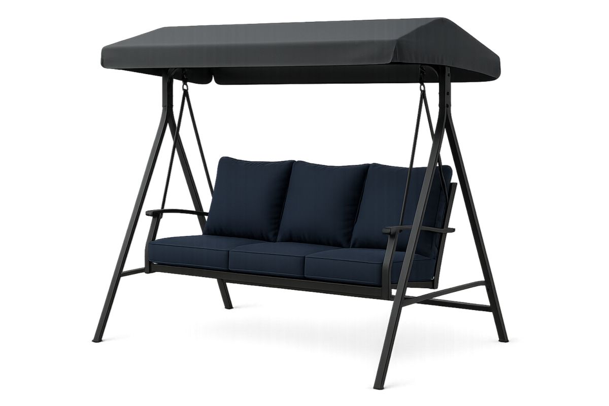 Outdoor Swing Chair with Canopy Steel Frame Polyester Cushions Three-Seater Navy