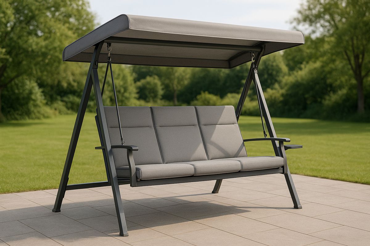 Outdoor Steel Three-Seater Swing Chair with Canopy Grey