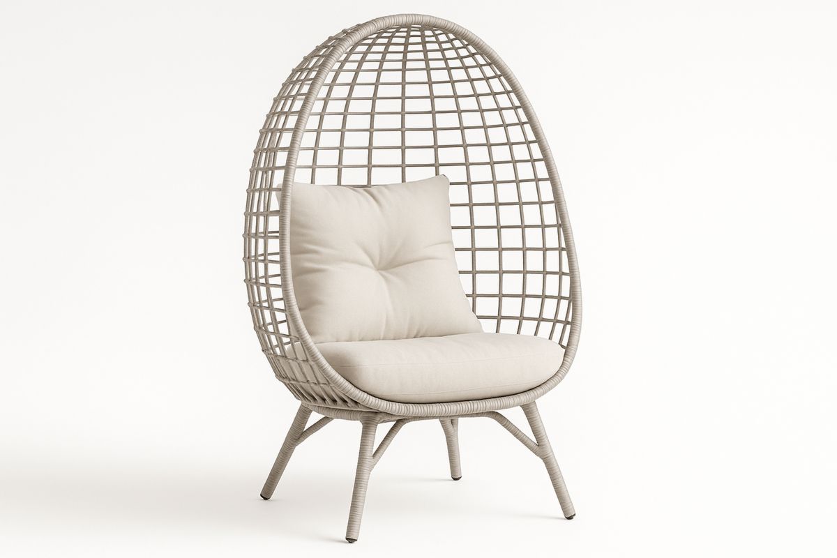 Outdoor Egg Chair Steel Frame Wicker Beige Cushions 105cm High