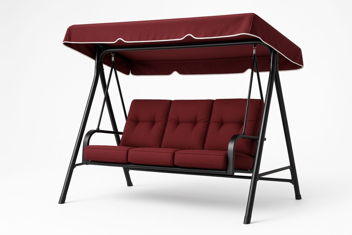 Steel Frame 3-Seater Outdoor Swing Chair with Maroon Polyester Cushions and Canopy