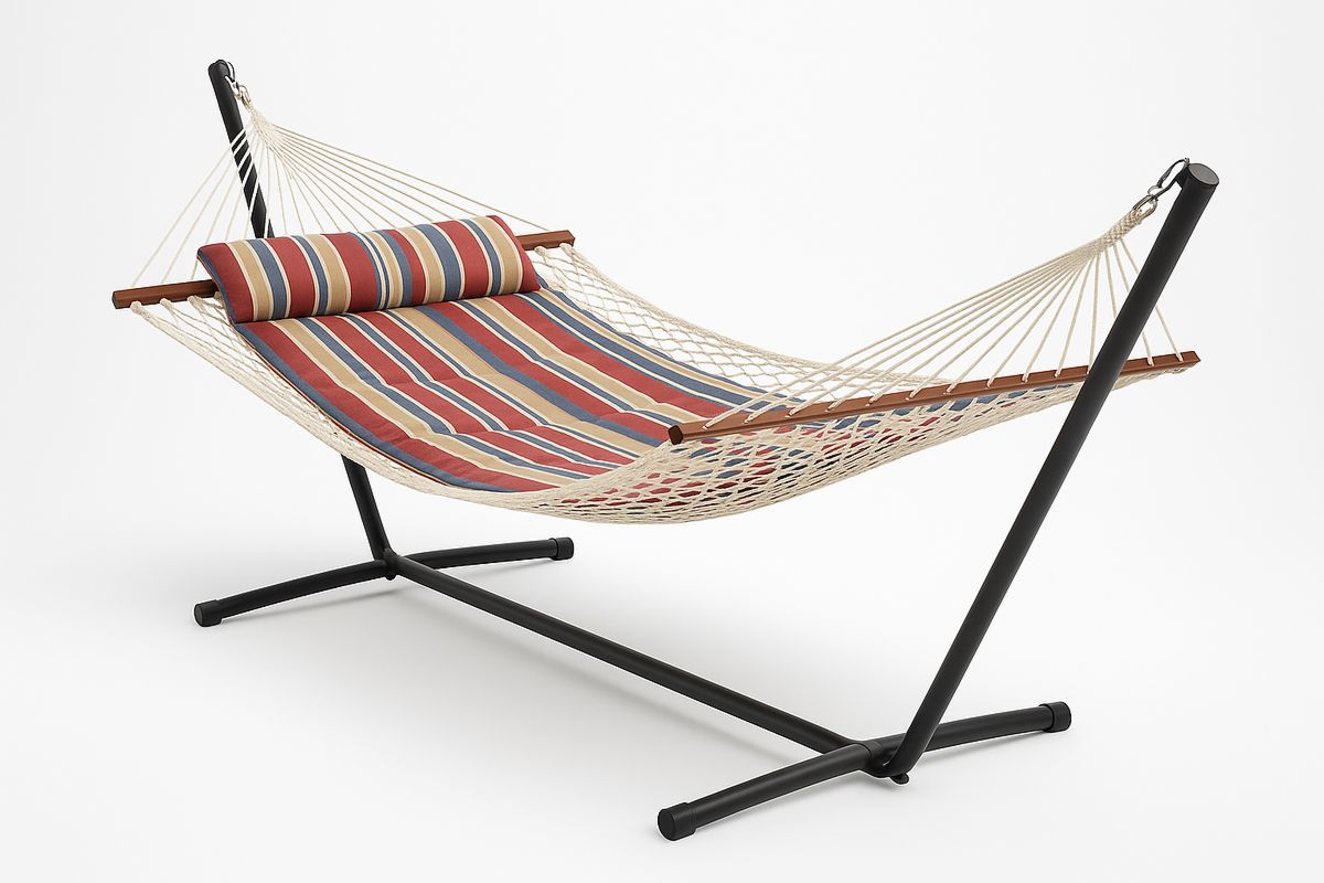 Steel Frame Cotton Rope Hammock with Striped Cushion 330cm